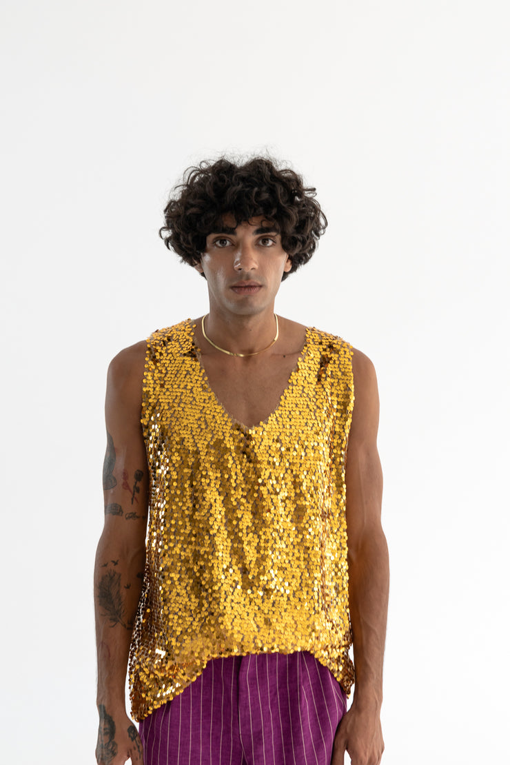 Kiss Sequined Tank Top Gold