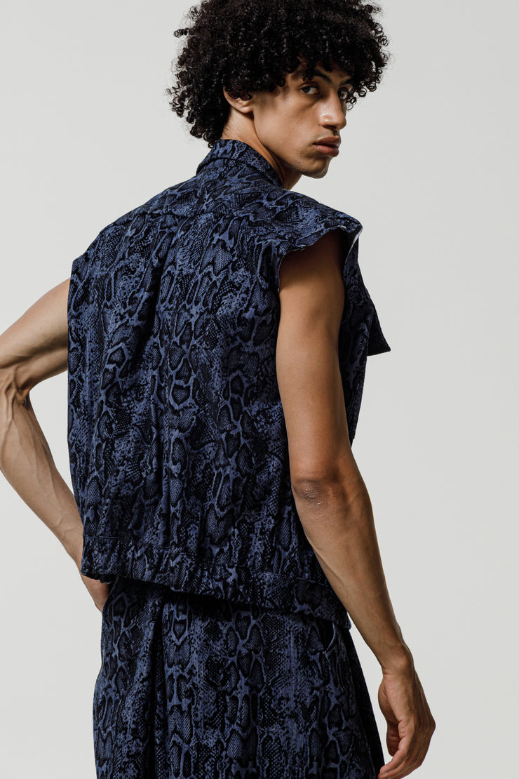 Hadrian Sleeveless Jacket Denim Snake Printed