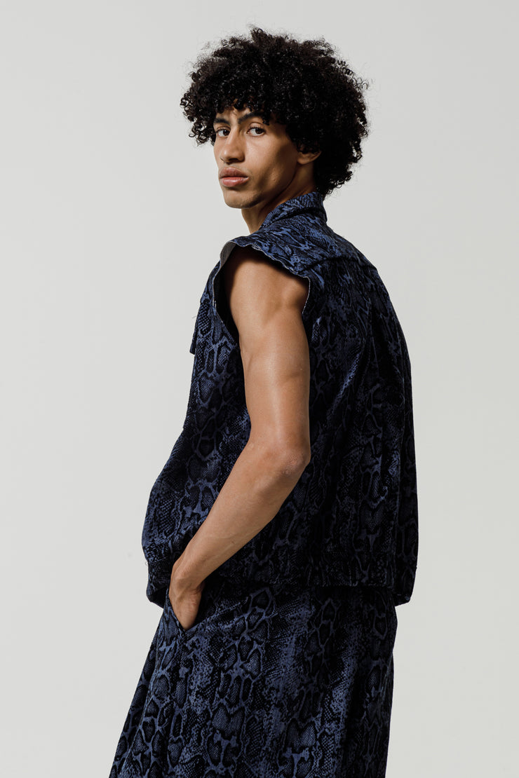 Hadrian Sleeveless Jacket Denim Snake Printed