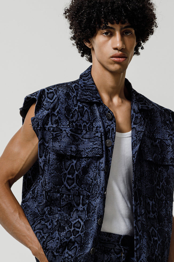 Hadrian Sleeveless Jacket Denim Snake Printed