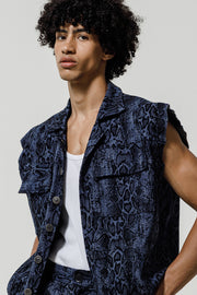 Hadrian Sleeveless Jacket Denim Snake Printed