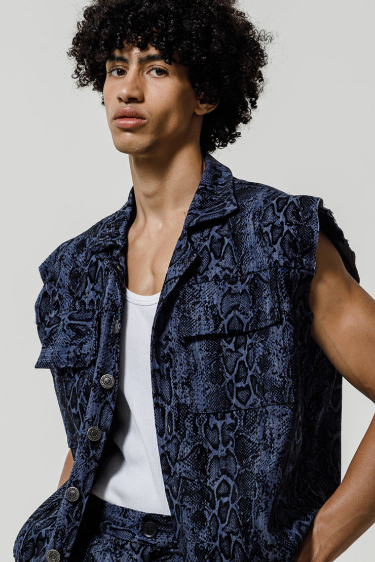Hadrian Sleeveless Jacket Denim Snake Printed